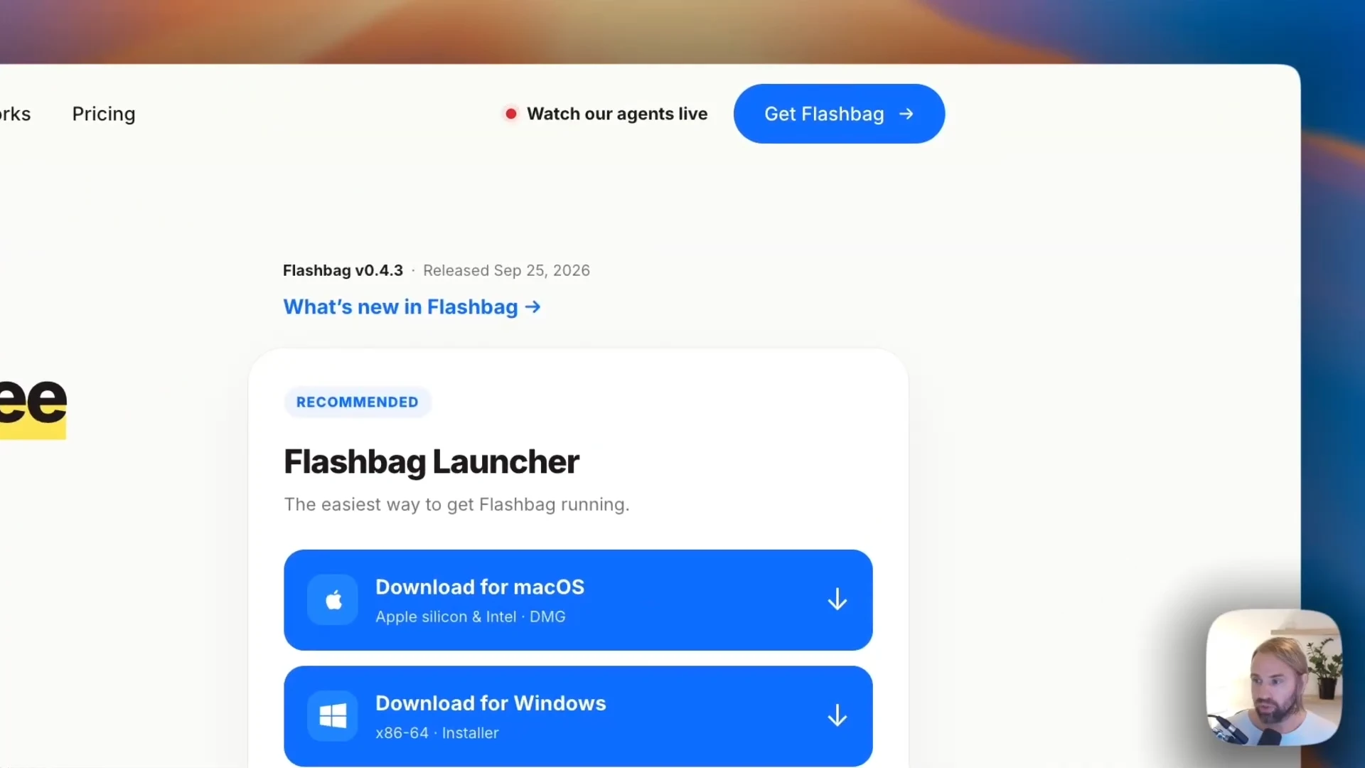 The Flashbag download page with the Launcher download buttons, from the Mac install walkthrough